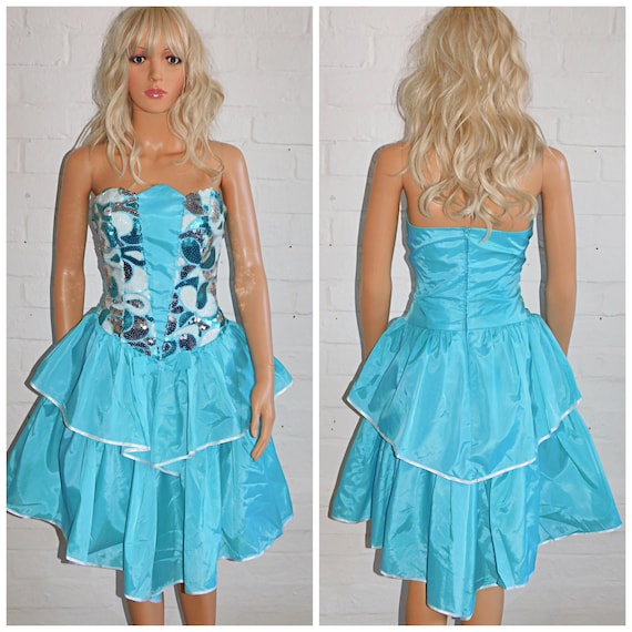 Vintage 80s Turquoise Peppermint Green BOW RaRa SEQUIN Strapless Prom Party Dress 10 S 1980s Fantasy Kitsch Extreme