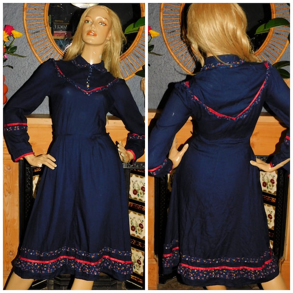 Vintage 70s Navy BOHEMIAN Ditsy Print FOLK Day Dress 8 S 1970s Hippy Hippie Prairie Boho Ruffles