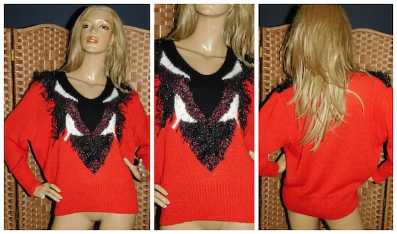Vintage 80s Red Pearl APPLIQUE Slouchy Kitsch Sweater Jumper S M 1980s Trashy Black Cream