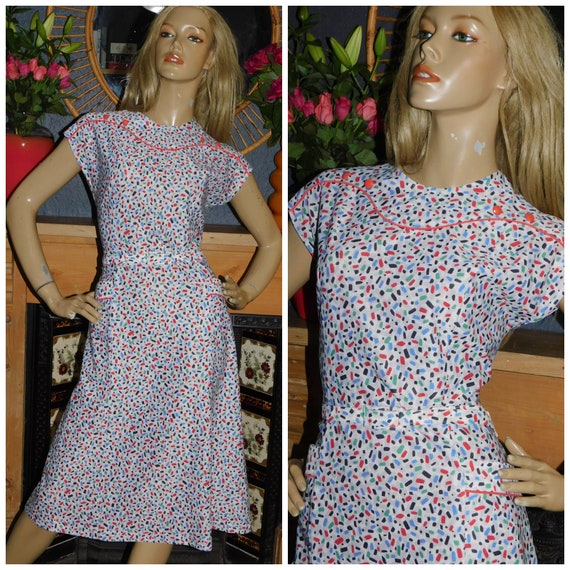 Vintage 70s Does 40s White Multicoloured DITSY CONFETTI Print Tea Dress 12-14 M 1970s 1940s