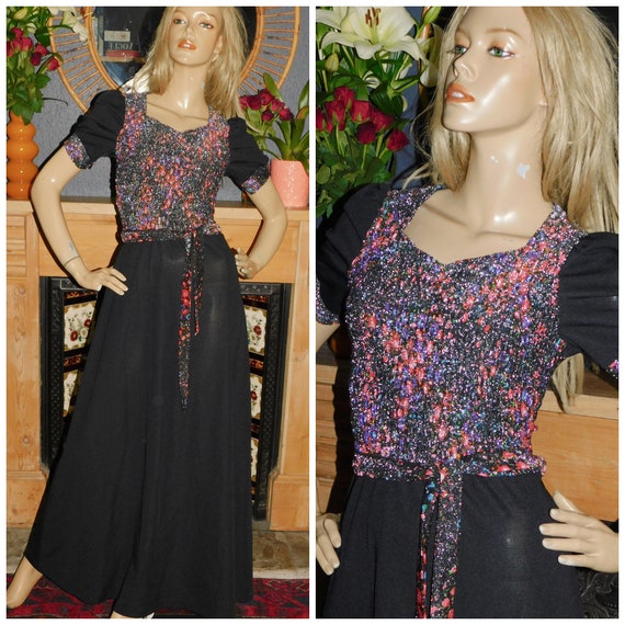 Vintage 70s Black Multicoloured Floral GLITTER LUREX SHIRRED Maxi Dress 10-12 S M 1970s Kitsch Disco