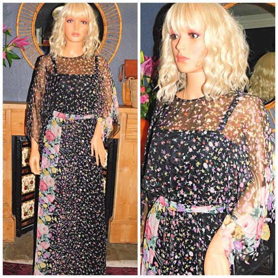 Vintage 70s Multicoloured Semi SHEER WING Slvd Floaty BOHEMIAN Maxi Dress 10 S 1970s Boho Hippy Folk Festival
