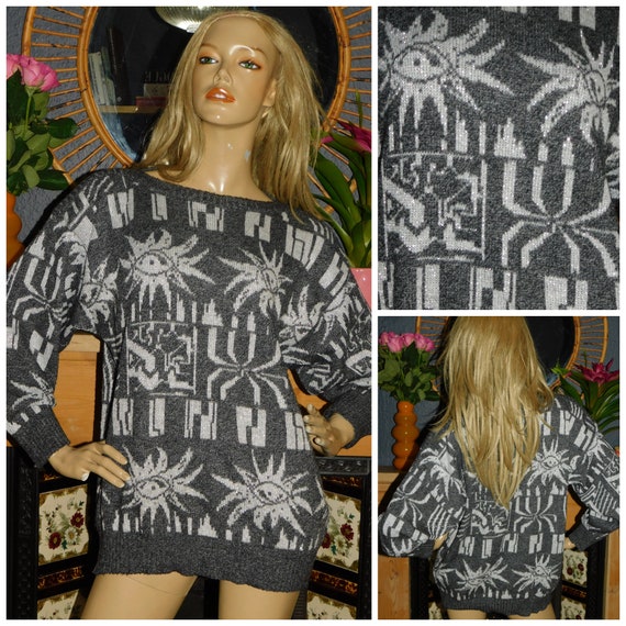 Vintage 80s Grey/White Glitter ABSTRACT Print Jumper Sweater S M 1980s