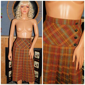 Plaid 70s Skirts Vintage 70s Tan Brown PREPPY CHECK WOOL Blend