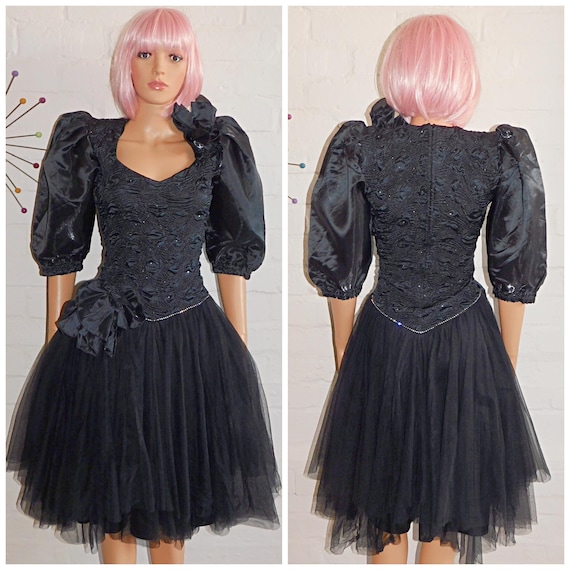 Vintage 80s Extreme Black Net Tulle FANTASY Princess Prom Party Dress 8 10 S 1980s Gothic Evening Cocktail Halloween