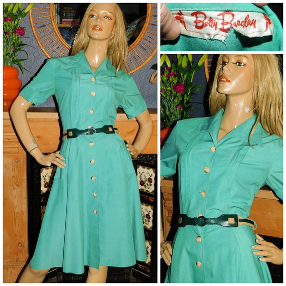 Vintage 50s 60s BETTY BARCLAY MINT Green Belted Tea Dress 10 S 1950s 1960s