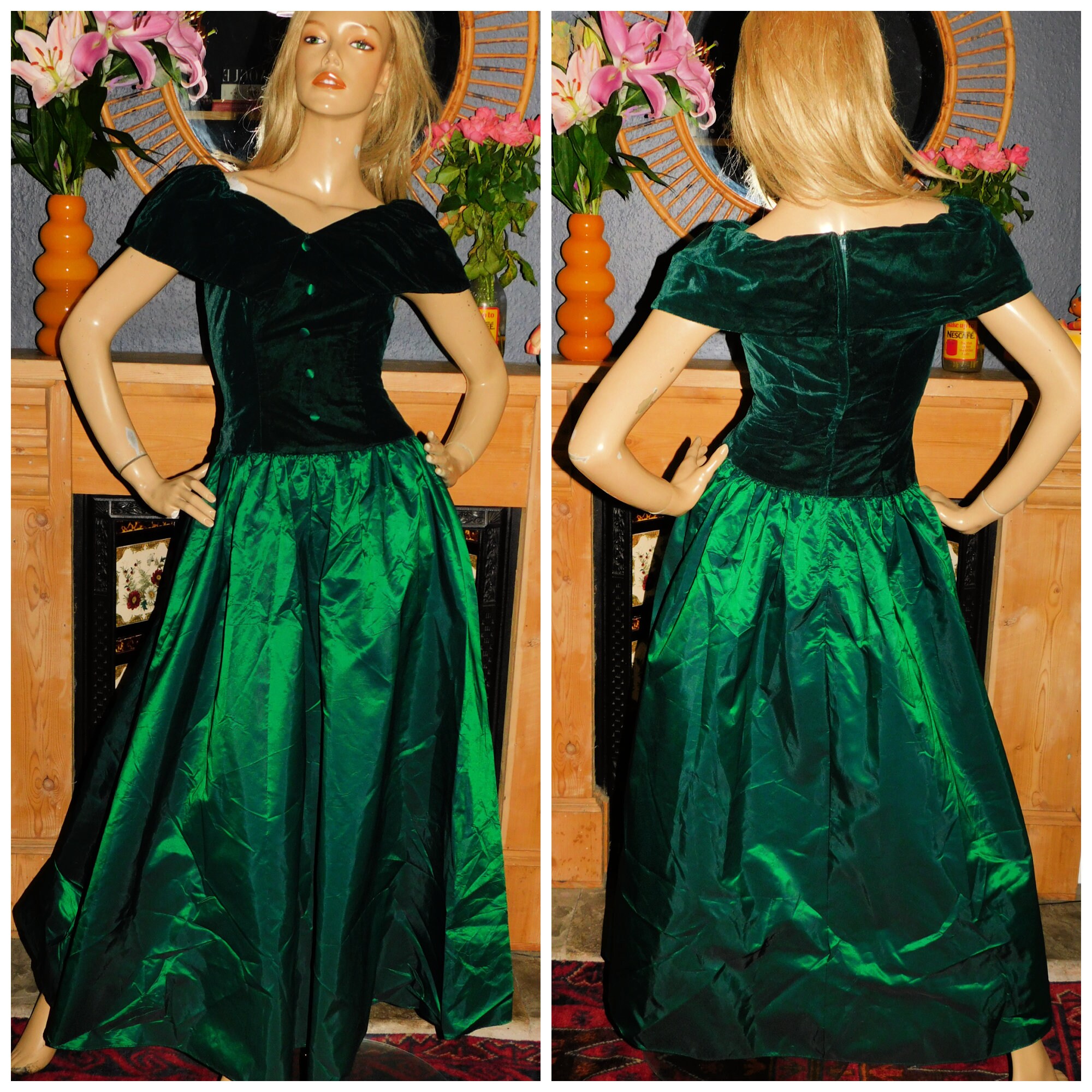 Vintage 1980s Emerald Green VELVET Party Prom Dress 6 Xs Xxs 80s Kitsch ...