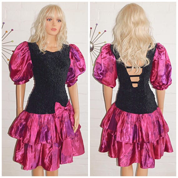 Vintage 1980s Black Pink BOW Velvet Drop Waist PUFF Slvd RARA Prom Party Dress 80s 14 16 M L 80s Kitsch