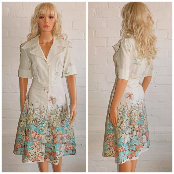 Vintage 70s Cream Multicoloured BUTTERFLY FLORAL Wide DAGGER Collar Tea Dress 12 14 M 1970s Kitsch Button Down 40s Revival Pierre Pascal