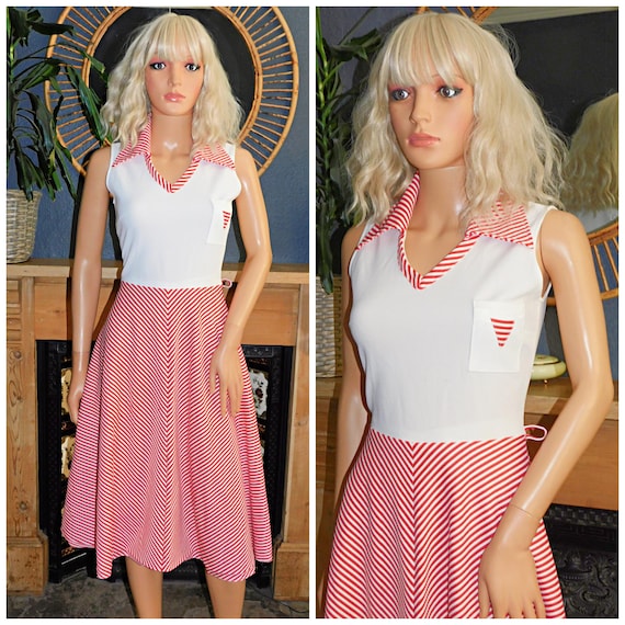 Vintage 70s Red White STRIPED Contrast Day Dress 8 S Xs 1970s