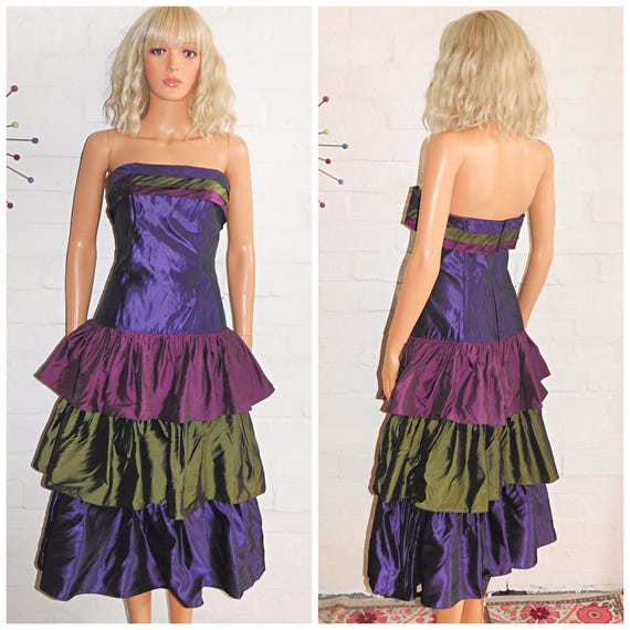 Vintage 80s Purple Pink Green STRAPLESS Ruffled RARA Prom Party Dress 10 S 1980s