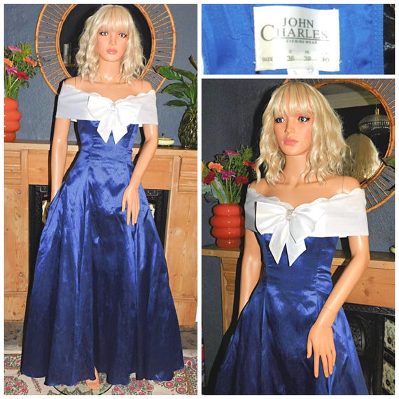 Vintage 80s John Charles Navy Blue White BOW Front Prom Party Dress 8 S Xs 1980s Cocktail Extreme Maxi