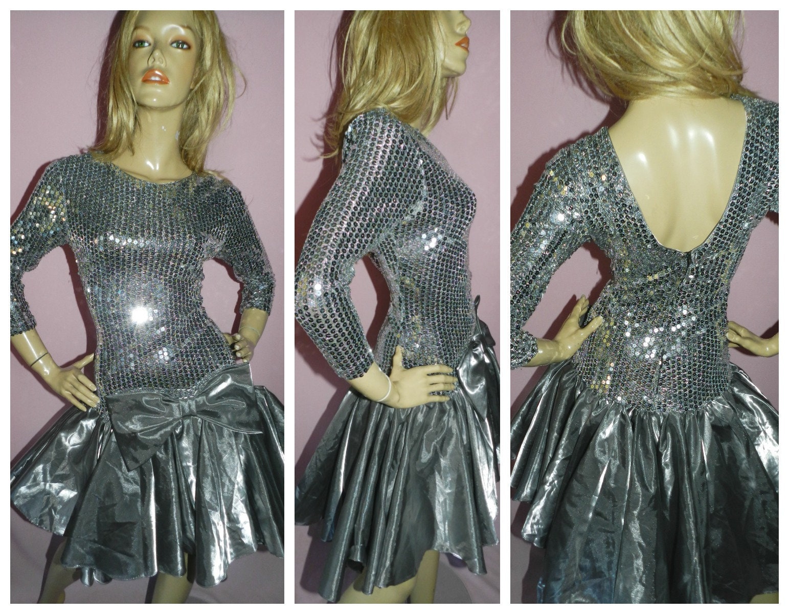 Vintage 80s SILVER SEQUIN BOW Prom Party dress 10 S 1980s Extreme