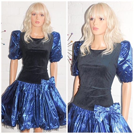 Vintage 80s METALLIC Blue Black PUFF Slvd Bow BUBBLE Hem Prom Party Dress 10 12 S M 1980s Puffball