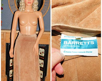 Vintage 70s Tan Camel SUEDE LEATHER A-Line Boho Skirt 12 M 1970s Hippy