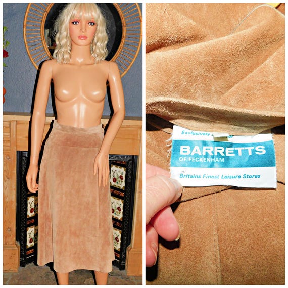 Vintage 70s Tan Camel SUEDE LEATHER A-Line Boho Skirt 12 M 1970s Hippy