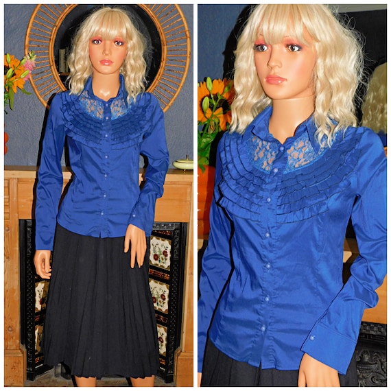 Vintage 90s Navy Blue Semi Sheer Lace Gothic RUFFLED Evening Blouse Shirt 8 10 S 1990s Victoriana Steam Punk Stretch