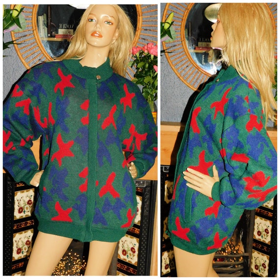 Vintage 80s CHUNKY Knit Abstract Print Cardigan Coat POCKETS M L 1980s Green Red Blue Zip Front