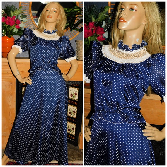 Vintage 70s Navy White POLKA Dot CROCHET Trim PEPLUM Maxi Dress 8 S 1970s Kitsch Boho