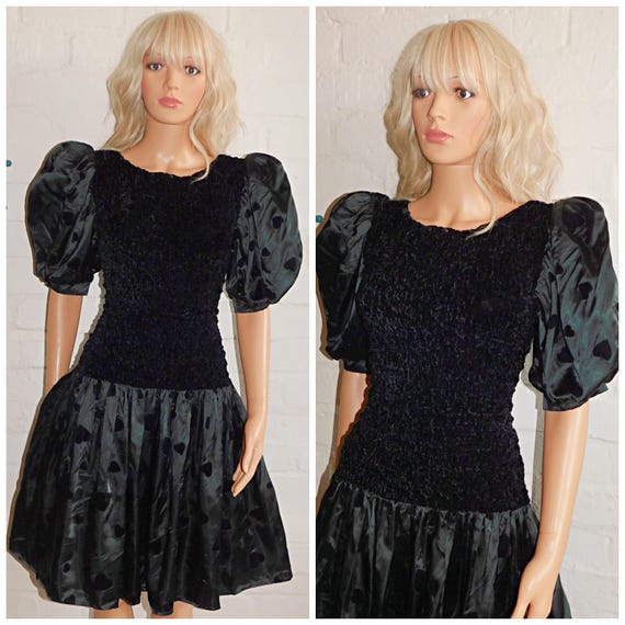 Vintage 1980s Black Velvet Drop Waist PUFF Slvd HEART Print Prom Party Dress 80s 8 10 S 80s KITSCH