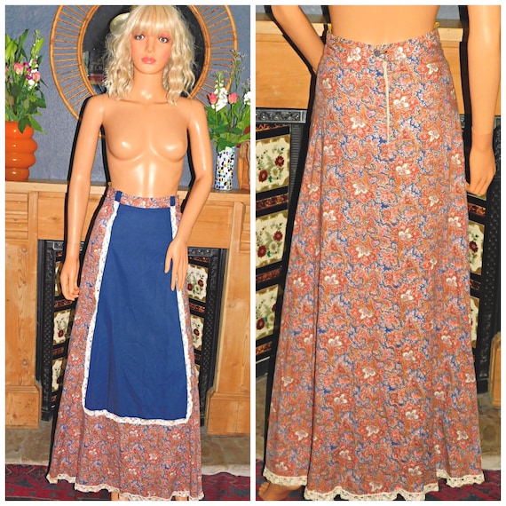 Vintage 70s DITSY Floral PAISLEY Bohemian Maxi Skirt S 8 XS 1970s Prairie Boho Hippy Hippie Cotton