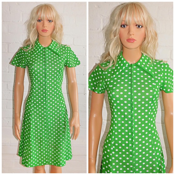 Vintage 60s 70s Green White POLKA DOT Zipper Front Day Dress 8 10 S 1960s 1970s Kitsch