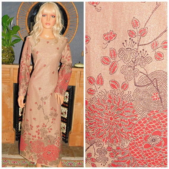 Vintage 70s Nude Orange PSYCHEDELIC Print LUREX Maxi Dress 12 M 1970s Kitsch Midi