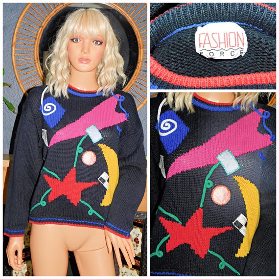 Vintage 80s Black Multicoloured APPLIQUE ABSTRACT Print Jumper Sweater S M 1980s Geometric Kitsch