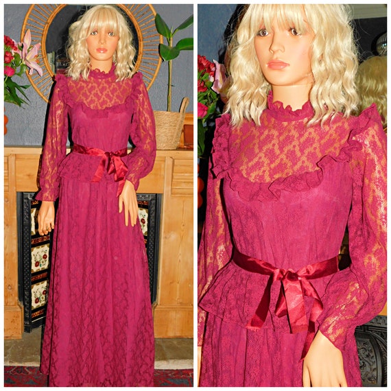 Vintage 70s Magenta Lace RUFFLED Bib Maxi PEPLUM Prairie Dress 10 S 1970s Boho Hippy Wedding