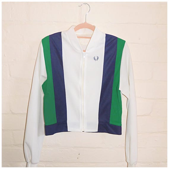 Vintage 70s 80s FRED PERRY White Navy Green Zip Front TRACK Sports Jacket S M 1980s 10 12 1970s