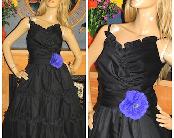 Vintage 80s Black Purple RUFFLE TIERED Prom Party Dress 8 S Xs 1980s Cocktail