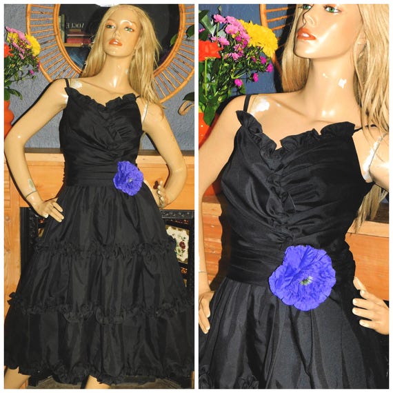Vintage 80s Black Purple RUFFLE TIERED Prom Party Dress 8 S Xs 1980s Cocktail