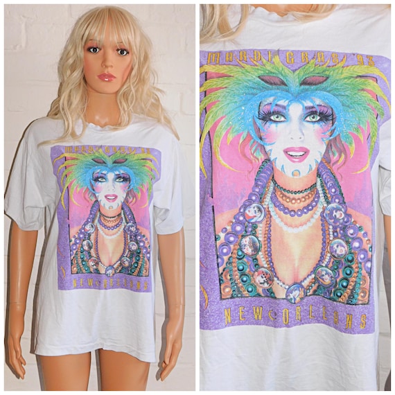Vintage 90s Soft SINGLE Stitch New Orleans MARDI GRAS 93 T Shirt M L 1990s Unisex Graphic Cotton Tee