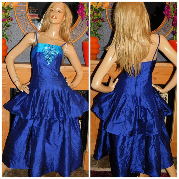 Vintage 80s AVANT GARDE Navy Turquoise PEPLUM Silk Prom Party