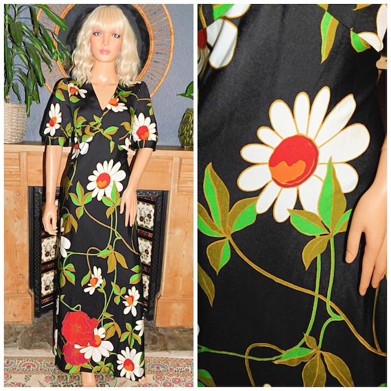Vintage 70s Black Multicoloured FLOWER POWER Margo Maxi Dress 16 18 L 1970s