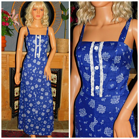 Vintage 70s Navy White Bohemian Maxi Dress 8 Xs S 1970s PRAIRIE Folk Boho Festival Hippy Hippie Woodstock