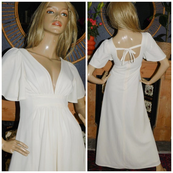 Vintage 70s Cream Cutout WING Slvd Maxi Goddess Dress 8-10 S 1970s Glamour Evening Party DISCO