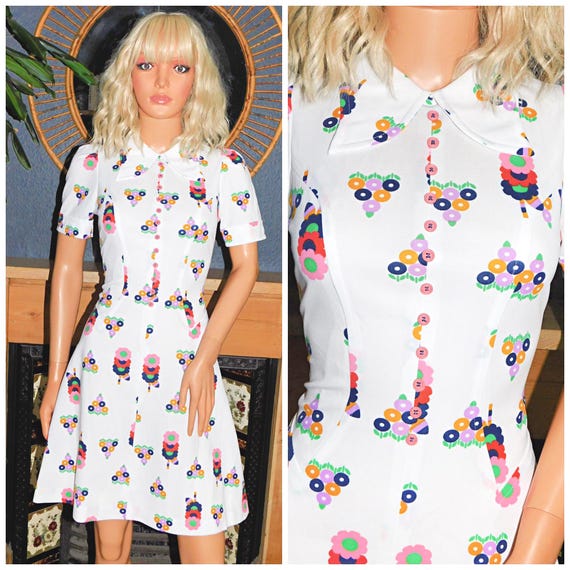 Vintage 60s White Multicoloured FLOWER Power Daisy Print Mod Gogo Dress 6 8 Xs 1960s Modette