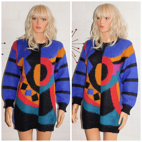 Vintage 80s Blue Multicoloured GEOMETRIC ABSTRACT Print Jumper Sweater S M 1980s Mohair Kitsch