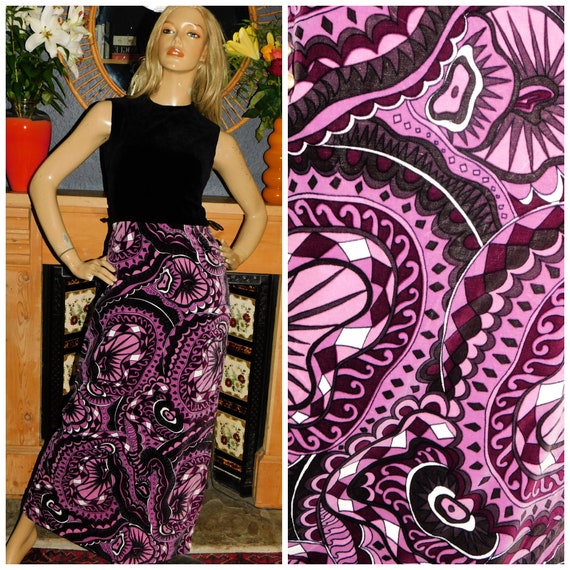 Vintage 70s Black Purple PSYCHEDELIC VELVET CONTRAST Maxi Dress 8-10 S 1970s Kitsch Groovy