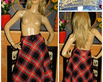 Vintage 60s 70s Red Navy Yellow TARTAN Check Pure New WOOL Skirt with POCKETS 8 Xs 1960s 1970s A Line