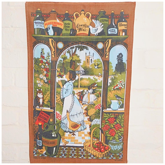 Vintage 70s Victorian Lady Country Garden Cotton Tea Towel