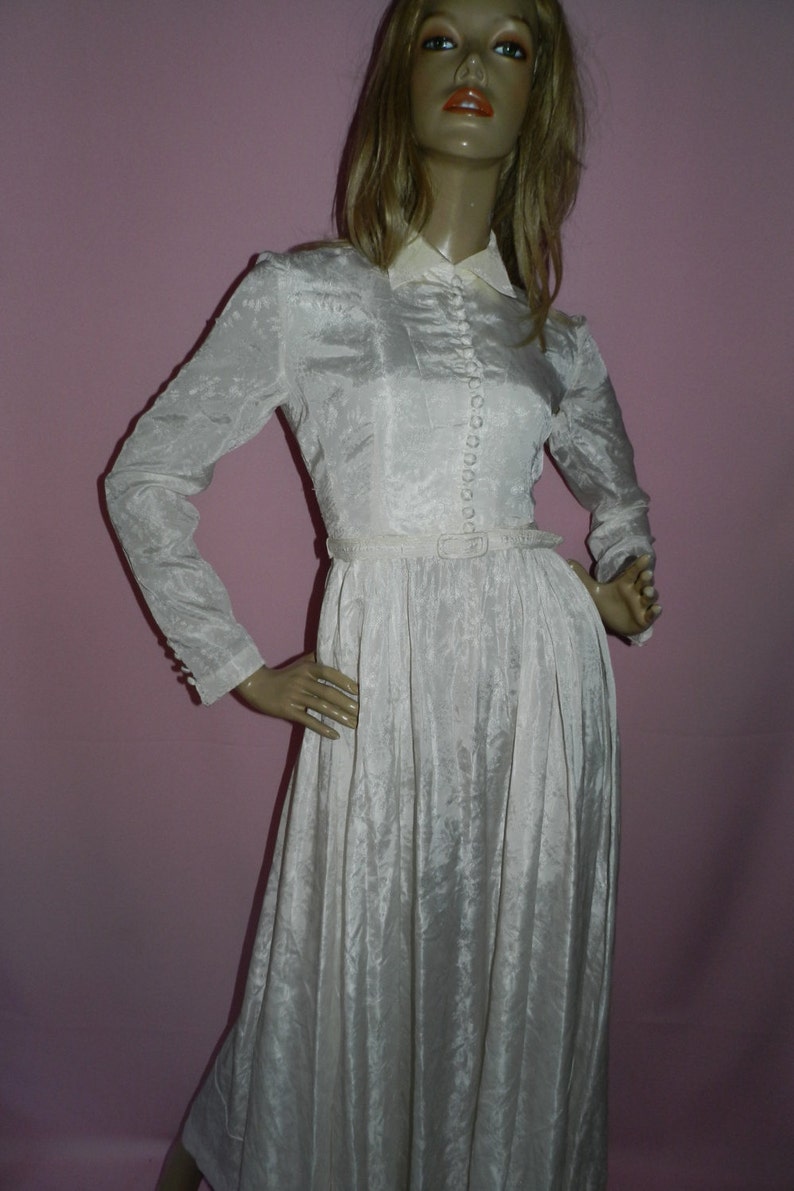 Vintage 30s 40s Delicate FLORAL IVORY Button front belted Maxi WEDDING Dress 10 S 1930s 1940s Bridal Wartime