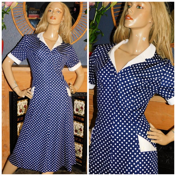 Vintage 70s Navy White POLKA DOT Contrast Collar and Cuffs Day Dress 14 M 1970s Kitsch