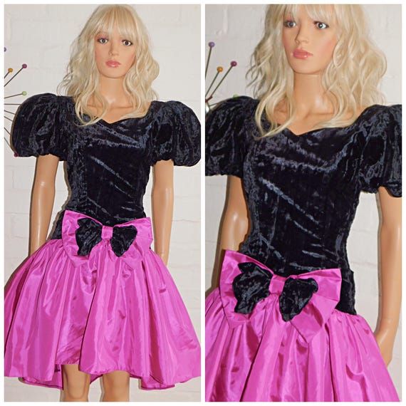 Vintage 80s Black BUBBLEGUM Pink PUFF Slvd BOW Front Prom Party Dress 8 S 1980s Kitsch