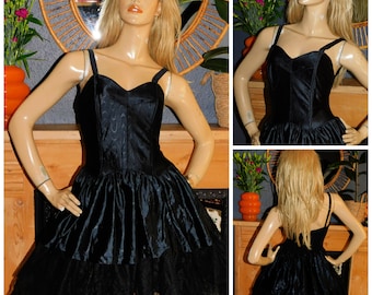 Vintage 80s BLACK BALLERINA Net Tulle Mini PROM Party Dress 6-8 Xs 1980s Wet look Kitsch Gothic