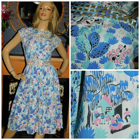 Vintage 50s Multicoloured NOVELTY People Park Floral Print CAGED CUTOUT Cotton Tea Dress 8-10 S 1950s Kitsch Pin Up