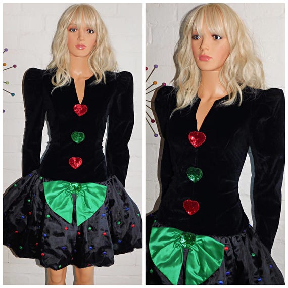 Vintage 80s Black SPOTTY BOW Drop Waist BUBBLE Hem Prom Party Dress 10 12 S M Puffball 1980s Kitsch