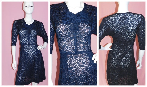 Vintage 1930s Navy Blue Lace Cocktail Evening Dres