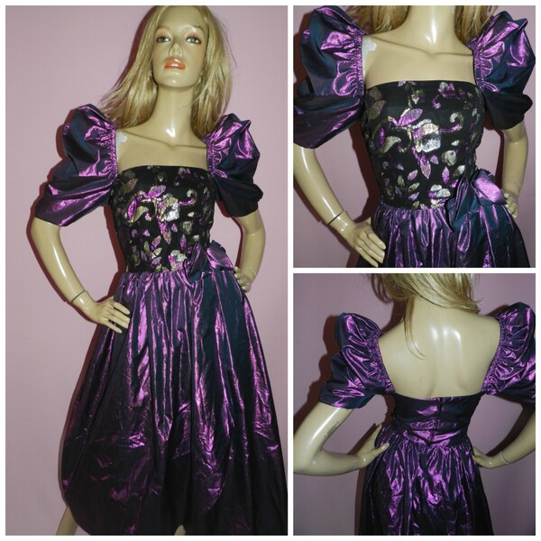 Vintage 80s PURPLE METALLIC Avant Garde Maxi Prom party dress 10UK 6US S 1980s Extreme Evening Kitsch Cocktail